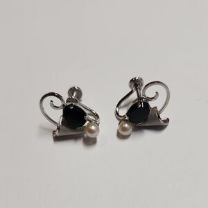 Sterling Silver and Black Earrings with Pearl Accent DCE vintage Screw Back
